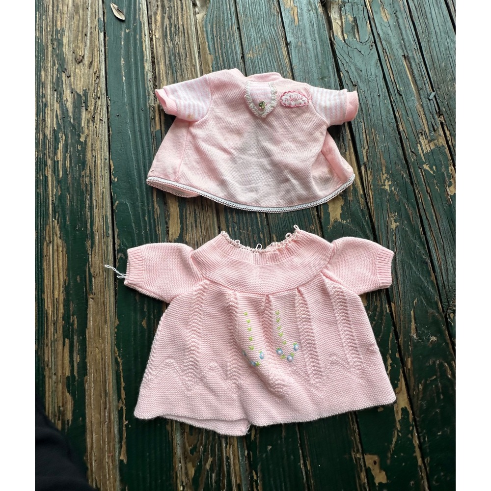 Vintage Baby Girl Pink Knit Cardigan and Striped Sleeve Top Set Floral Detail